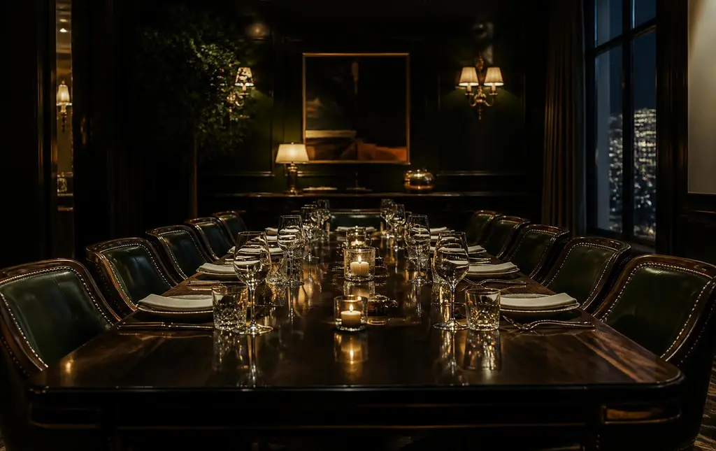 A candlelit private dining room set for a small evening presentation